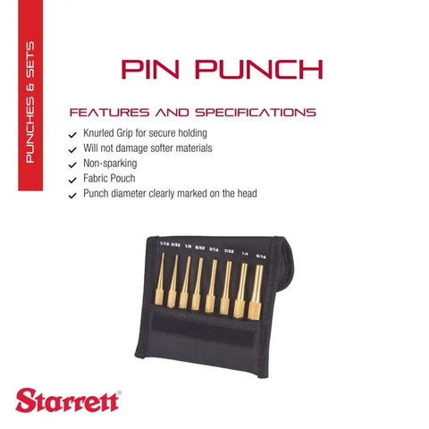 Brass Drive Pin Punch Set With Knurled Grip In Protective Fabric Pouch, 8-piece set displayed against white background