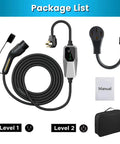 Portable Two In One Level 1 And Level 2 Electric Charger 32 Amp Adjustable 240 Volt package list with charging cable and manual