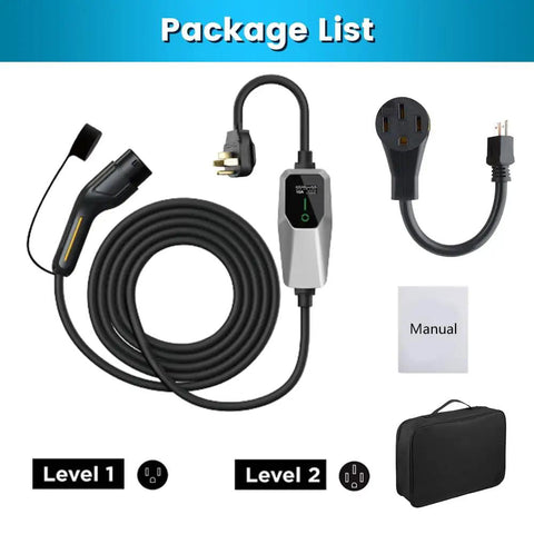 Portable Two In One Level 1 And Level 2 Electric Charger 32 Amp Adjustable 240 Volt package list with charging cable and manual