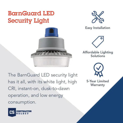 Outdoor BGR P2 LED Dusk To Dawn Security Light Gray 4000K shown with warranty and installation icons