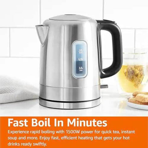 Fast Boil Electric Kettle For Tea And Coffee, Stainless Steel BPA Free, 1 Liter Capacity, 1500W Rapid Heat, on kitchen counter