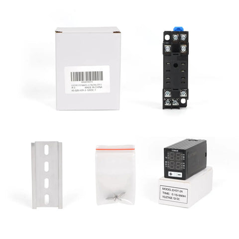 Liquid Crystal Display Time Relay With Dual Time Delay Function Double Pole Double Throw 12 Volt Direct Current Plug In Socket Rugged ABS Housing Silver Alloy Contacts Easy Install Safe Flame Resistant Design For Do It Yourself Projects, components and packaging displayed.
