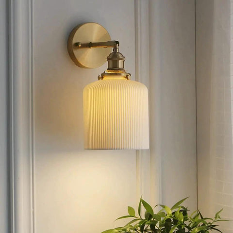 Wall Lamp, Nordic Minimalist Bedroom Light, Brass Ceramic Retro Lamps, wall-mounted with ribbed white shade, suitable for cozy settings.