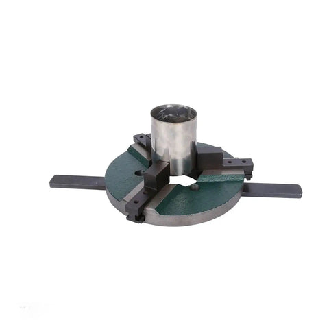 Heavy Duty Eight Inch Three Jaw Self Centering Chuck With Quick Release Base For Welding Positioner Turntables And Shop Workbenches in green and gray metal.