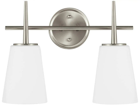 Driscoll Two Light Wall Bath Vanity Lights In Brushed Nickel Finish, cETL Listed For Wet Locations, Two Light Vanity Fixture With Opal Etched Glass