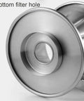 Bottom view of Pour Over Coffee Dripper In 304 Stainless Steel V Shape Slow Drip Filter, focus on filter hole, Size L.