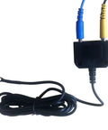 ESD grounding kit with blue and yellow connectors on a black control box and a long black ground cord