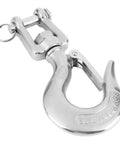Built Like A Tank Heavy Duty Swivel Hook For Engine Hoist featuring secure safety latch in stainless steel, detailed view.