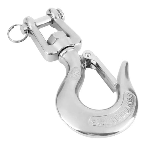 Built Like A Tank Heavy Duty Swivel Hook For Engine Hoist featuring secure safety latch in stainless steel, detailed view.
