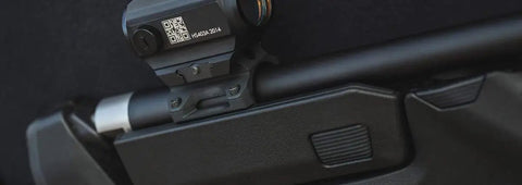 Barrel Mounted Optic Rail For X-22 Backpacker Stock, retains zero between takedowns with red dot sight on Picatinny rail.