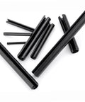 Slotted Spring Dowel Pin Assortment Kit 450 Pieces With Plastic Storage Case For Automotive Mechanical Workshop And Repairs Pro Grade Durable Spring Steel Pins For Cogs Gears Wheels And Precise Alignment Must Have; close-up view of black spring dowel pins.
