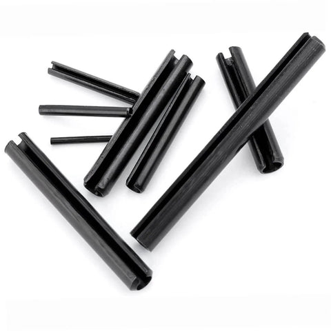 Slotted Spring Dowel Pin Assortment Kit 450 Pieces With Plastic Storage Case For Automotive Mechanical Workshop And Repairs Pro Grade Durable Spring Steel Pins For Cogs Gears Wheels And Precise Alignment Must Have; close-up view of black spring dowel pins.