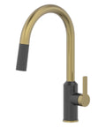 Oletto Filter Faucet in spot-free brushed brass and matte black, modern kitchen sink design with high arc spout.