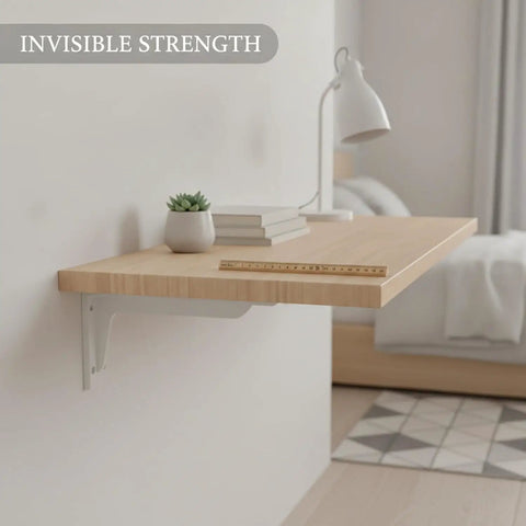 Hidden Wall Mount Floating Shelf Brackets In White Steel installed in bedroom with wooden shelf displaying decor items.