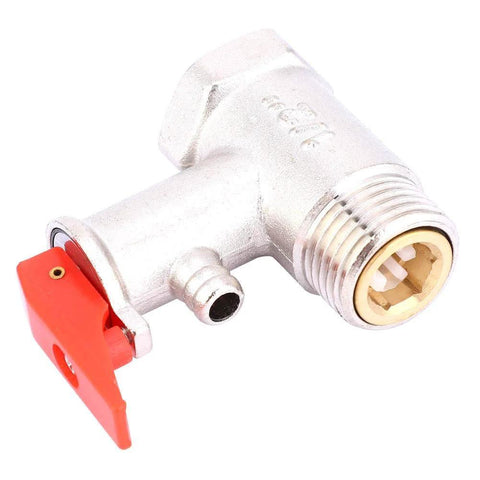 Water heater safety relief valve, side view, brass-plated with red lever and 1/2in G1/2 thread