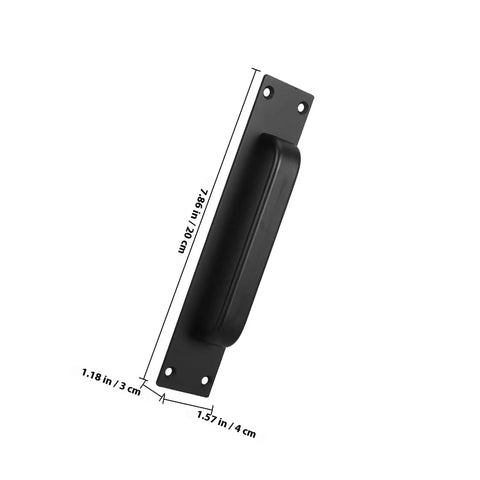 Black Exterior Door Handle Heavy Duty Barn Door Pull With Surface Mount Holes Universal Fit For Sliding Doors shown with dimensions