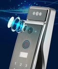 Close-up of Premium Smart Door Lock With Rock Solid Fingerprint Reader showing touch screen and biometric sensor.