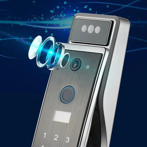 Close-up of Premium Smart Door Lock With Rock Solid Fingerprint Reader showing touch screen and biometric sensor.