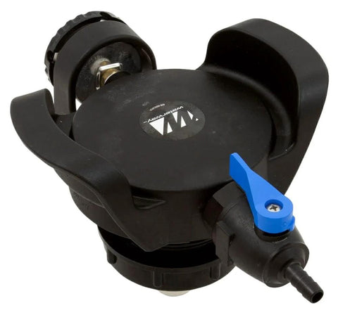 Waterway pressure relief valve assembly, front view, black plastic housing with blue lever for lawn and patio irrigation