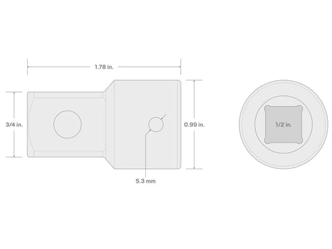 Technical drawing of 1/2 Inch to 3/4 Inch Impact Drive Adapter for Impact Wrenches Converting 1/2 To 3/4 Inch with dimensions.