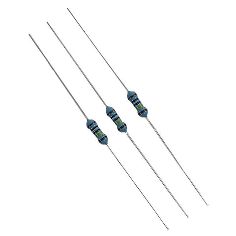 Delon Technology resistor assortment; three blue metal-film axial resistors with color bands