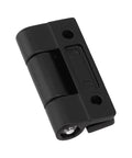 Black adjustable torque hinge for furniture cabinets with 360° rotation; side view.
