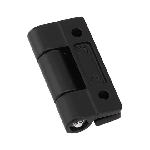 Black adjustable torque hinge for furniture cabinets with 360° rotation; side view.