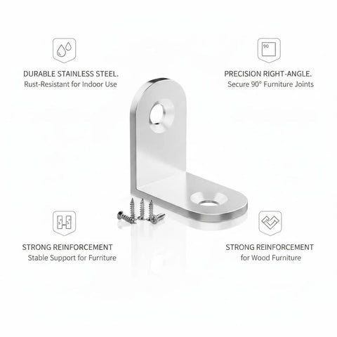 Beefy Stainless Steel Corner Bracket For 90 Degree Furniture Reinforcement Right Angle Support To Stop Wobble And Keep Tables Beds Cabinets Square Silver Finish Easy DIY Repair For Loose Joints 1 Piece in side view with screws