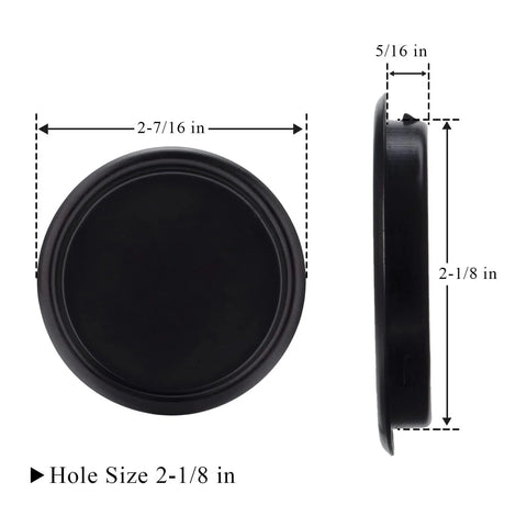 Front and side view of Six Pack Black Snap-In Closet Door Finger Pulls 2-1/8 Inch No Nails Needed Easy Install For Pocket Doors