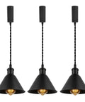 Dope Set Of Three Industrial Black Metal Pendant Lights With Adjustable H Type Track, Twisted 3.9 Ft Cords, E26 Base, No Bulbs