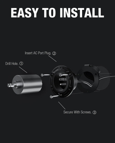 Installation steps for 20 Amp 125 Volt AC Port Plug With 12 AWG Heavy Duty RV Shore Power Inlet kit, detailing parts and assembly.