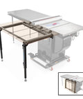 Folding Table Saw Outfeed Kit with adjustable height legs and foldable steel frame attached to a cabinet saw, side view.