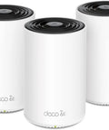 Deco XE75 Pro AXE5400 Tri-Band WiFi 6E Mesh System with 2.5G WAN Port and Dual Gigabit LAN, shown in a 3-pack setup.