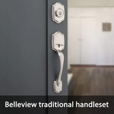 Front Door Lock Handle And Deadbolt Set With Exterior Handleset And Interior Knob Satin Nickel Finish Pick Resistant SmartKey Rekey Security For Easy Home Entry installed on door