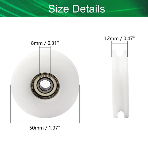 Round Groove White Nylon Pulley Wheel With 608Z Bearing For 4.8mm Rope 8x50x12mm easy pull size detail