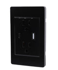 Heavy Duty 3 Prong Wall Outlet With Quick Charge Usb Ports Built Like A Tank Polycarbonate Faceplate, black design, dual USB ports.