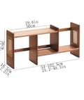 Expandable Bamboo Bookshelf Organizer For Your Home Office with rattan sides, dimensions marked in inches and centimeters