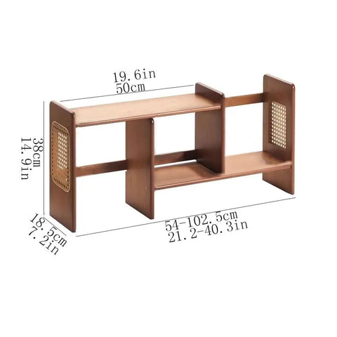 Expandable Bamboo Bookshelf Organizer For Your Home Office with rattan sides, dimensions marked in inches and centimeters