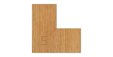 Close-up of a 90-degree corner joint on wood using Carbide Tipped 45 Degree Lock Miter Router Bit With 3-1/8 Inch Large Diameter.