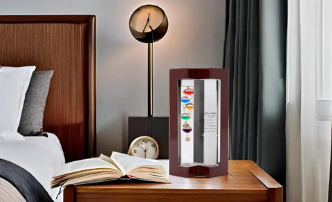 Cool Indoor Weather Station With Glass Galileo Thermometer And Five Multicolor Balls From 64F To 80F, Storm Glass Inspired Weather Predictor, Elegant Cherry Wood Frame, Perfect Gift For Home Office Decor And Family Or Friends on bedside table