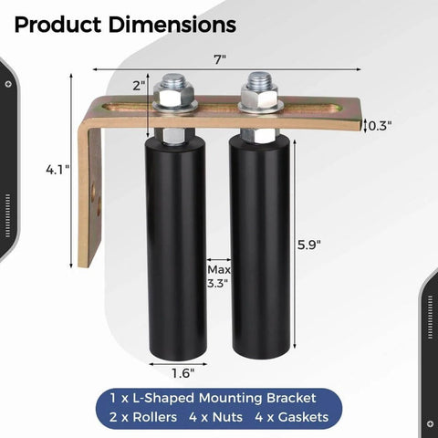 Product dimensions of 6-Inch Universal Nylon Gate Roller With L-Shape Bracket, Adjustable Sliding Gate Roller Support displayed.