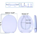 Commercial Round Open Front Toilet Seat With Smooth Soft Close Lid And Rock Solid Quick Release Hinges For No Sweat Cleaning and White Plastic Comfort In Any Professional Setup, dimensions shown.