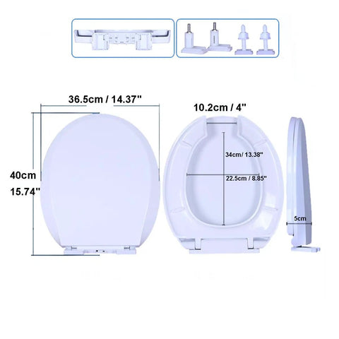Commercial Round Open Front Toilet Seat With Smooth Soft Close Lid And Rock Solid Quick Release Hinges For No Sweat Cleaning and White Plastic Comfort In Any Professional Setup, dimensions shown.