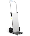 Sturdy Electric Stair Climbing Cart With Heavy Duty Handle For Moving Furniture And Appliances Fast Folding Design showing a foldable black metal cart with rubber wheels.
