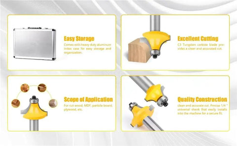 Top Shelf 35 Piece 1/2 Inch Shank Flush Trim Router Bit Set With Heavy Duty Tungsten Carbide Tips For Woodworking And Milling That Will Kick Ass In Any Workshop Today with aluminum case and carbide bits.