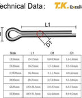 Technical diagram for 304 Stainless Steel Cotter Pins Set 230 Pcs Assortment Kit Quick Install Retaining Pins And Hairpins Clips For Trailer Hitch Applications In Trailers Machinery And DIY Projects Heavy Duty Corrosion Resistant Fasteners, showing pin dimensions and sizes.