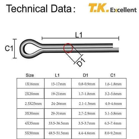 Technical diagram for 304 Stainless Steel Cotter Pins Set 230 Pcs Assortment Kit Quick Install Retaining Pins And Hairpins Clips For Trailer Hitch Applications In Trailers Machinery And DIY Projects Heavy Duty Corrosion Resistant Fasteners, showing pin dimensions and sizes.