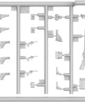 One To Thirty Fifth Scale British Infantry Weapons And Equipment Plastic Model Kit In Grey Dope Detailing Not A Toy Built For Real Talk Scale Model Builders And Collectors sprue with pistols, rifles, and gear in grey plastic