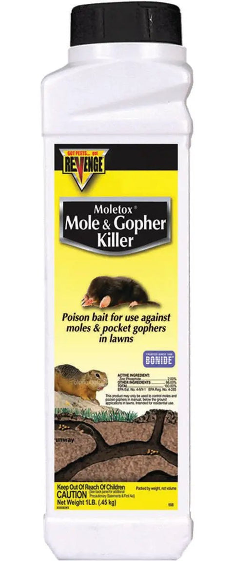Mole And Gopher Killer Poison Bait Granules One Pound Ready To Use Lawn Pest Control For Pocket Gophers And Moles in bottle