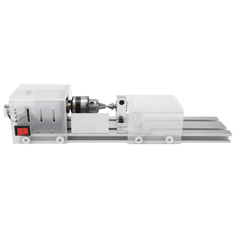 7 Level Speed Controlled Mini Milling Lathe For Woodworking With Aluminum Alloy Base And Steel Drill Chuck, side view showing precision components.